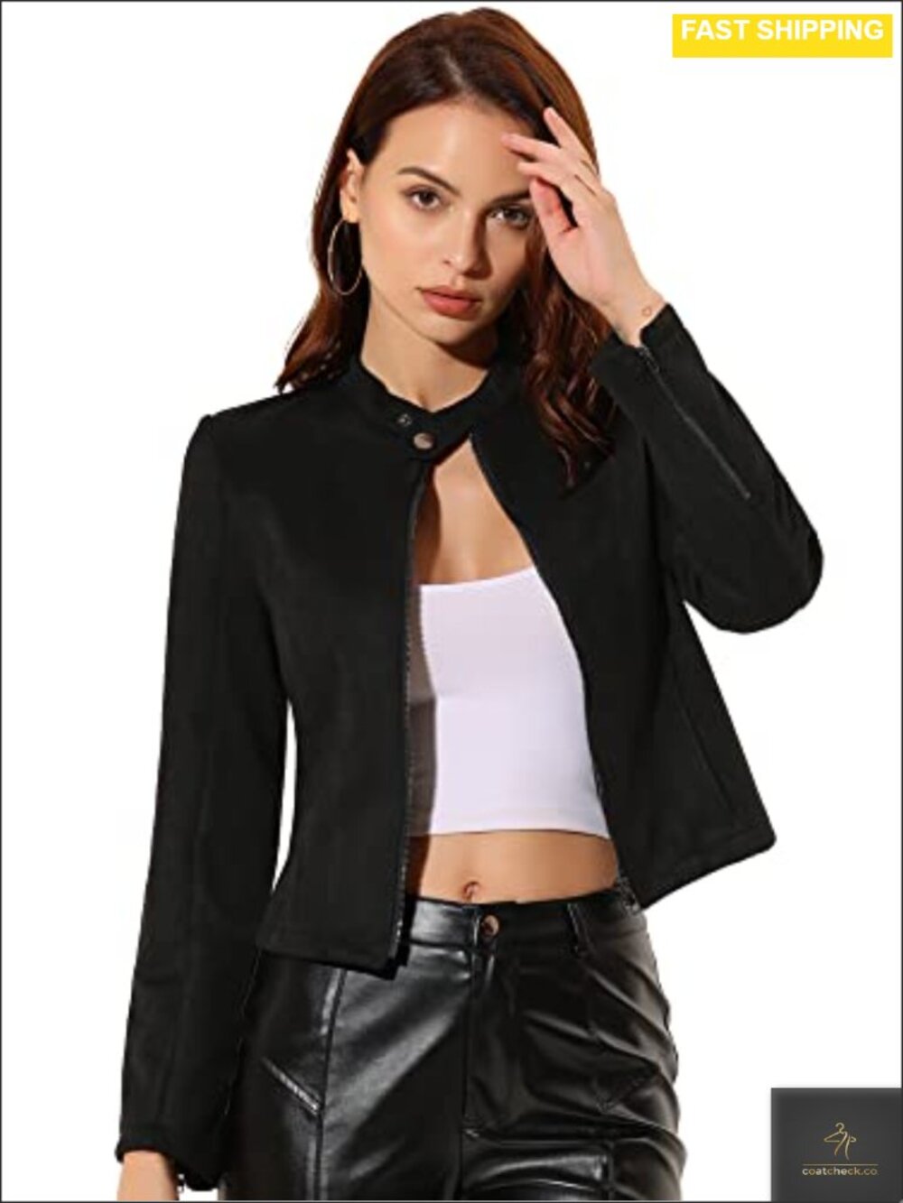 Faux Suede Moto Jacket Zip Up Crop Biker Coat Long Sleeve Outerwear